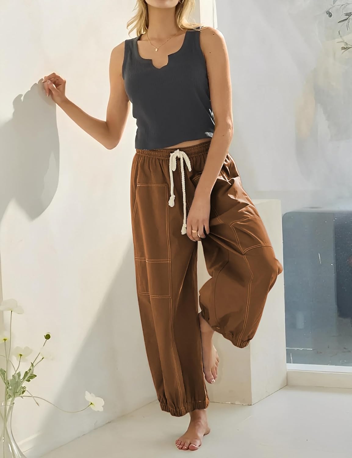 Himosyber Womens Baggy Wide Leg Pants Casual Loose Elastic Drawstring Waist Harem Pants with Pockets - Image 2