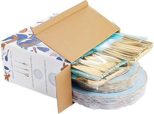 Miniatura 9 de WDF 30Guest - Platos de plástico verde menta y cubiertos desechables de plástico dorado con mango verde, barroco verde y dorado para bodas y fiestas