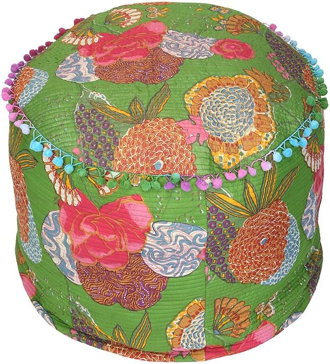 Cultural Round Green Ottoman Cotton Fruit Printed Pouf Cover For Decor By Rajrang
