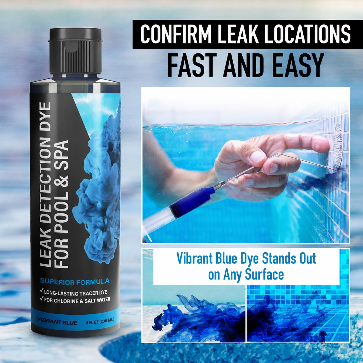 Kit de tinte para detección de fugas de piscina, más de 75 pruebas, 2 aplicadores de precisión de acero inoxidable, tinte superior de larga duración para alberca que localiza fácilmente fugas, para