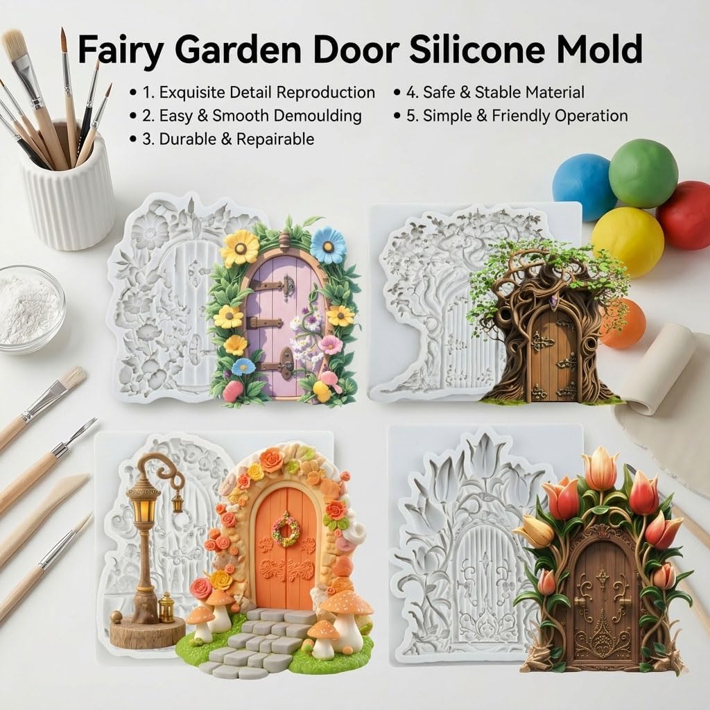 Garden Door Polymer Clay Mold Fairy House Silicone Molds Set of 4