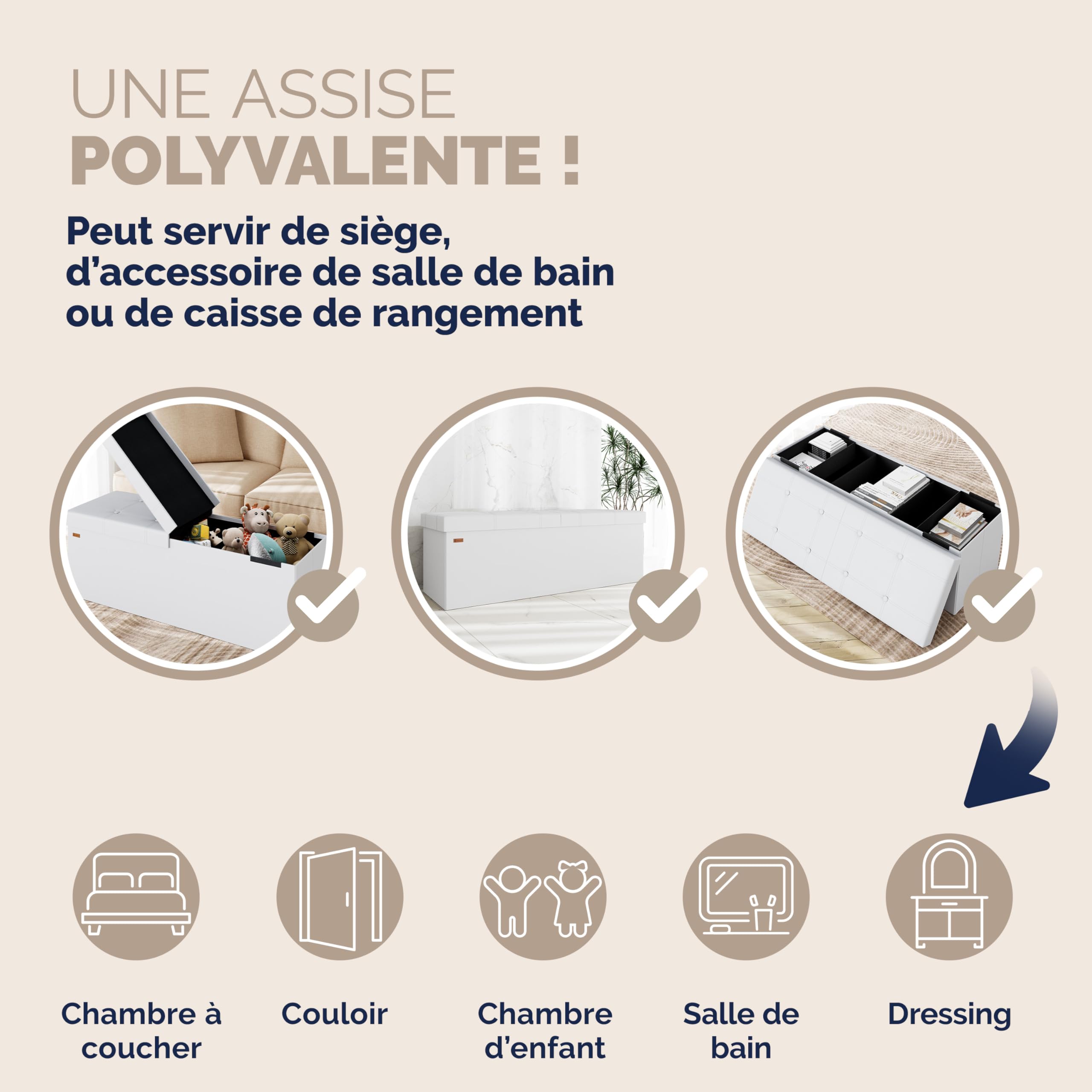 Casaria Banc de Rangement Blanc 115x38x38cm Coffre de Rangement Pliable 131L avec Couvercle Rabattable pour Salon Chambre