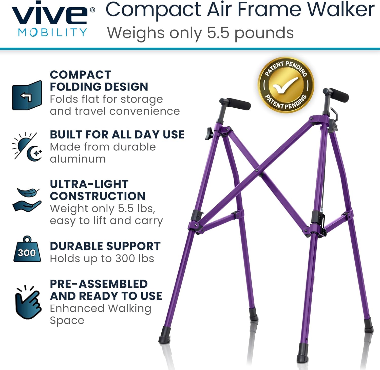 Vive Lightweight Folding Walker for Seniors - Narrow Foldable Rolling Walker for Small Spaces- Compact & Collapsible for Travel - Mobility Support, Portable- Weighs Only 5.5 Pounds