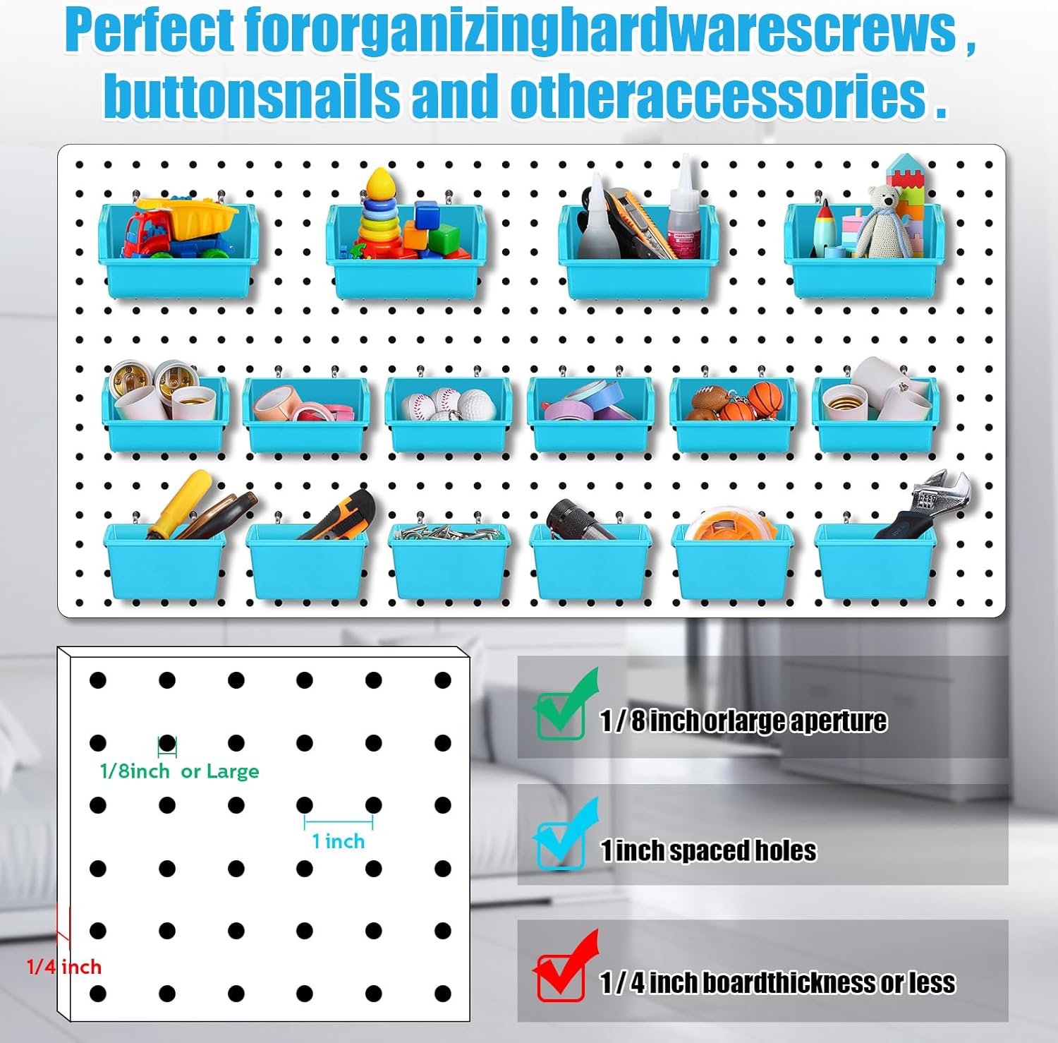 Roowest 60 Pcs Pegboard Cups Pegboard Bins Set, Wall Organizer with Hooks and Loops, Hooks Assortment Organizer Accessory for Office Storage Garage Craft Workshop(Blue)