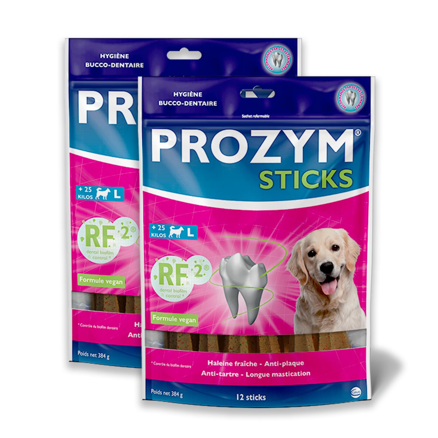PROZYM RF2 Pack 2x12Sticks - Spéciale Hygiène Dentaire Naturelle - Recommandé par des Vétérianire - Formule Vegan pour Chien - 24 Sticks (+25kg)