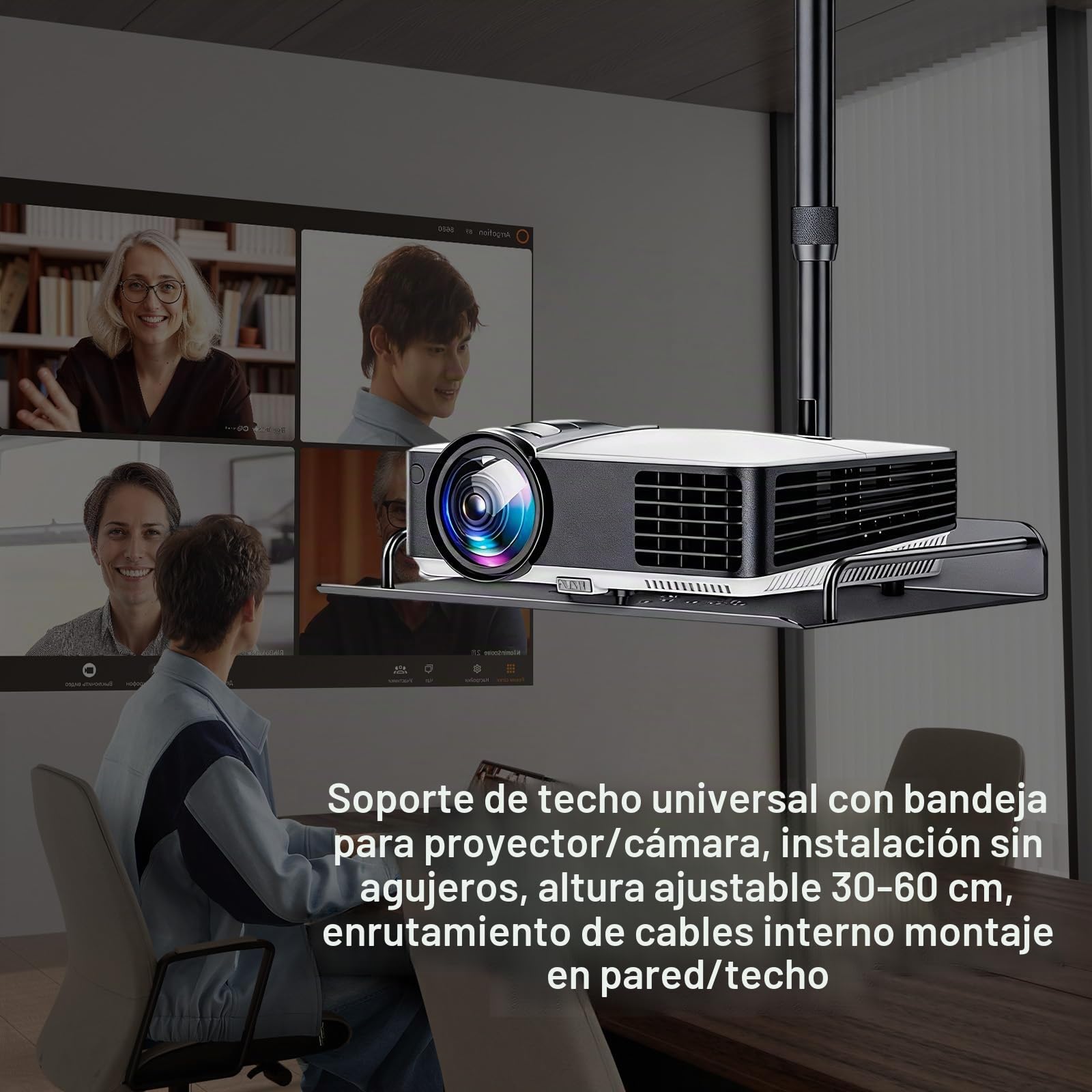 Soporte de Techo Universal para Proyector, Altura Ajustable 30-60cm con Gestor de Cables, Soporte de Pared para Cine en Casa y Oficina (Negro)