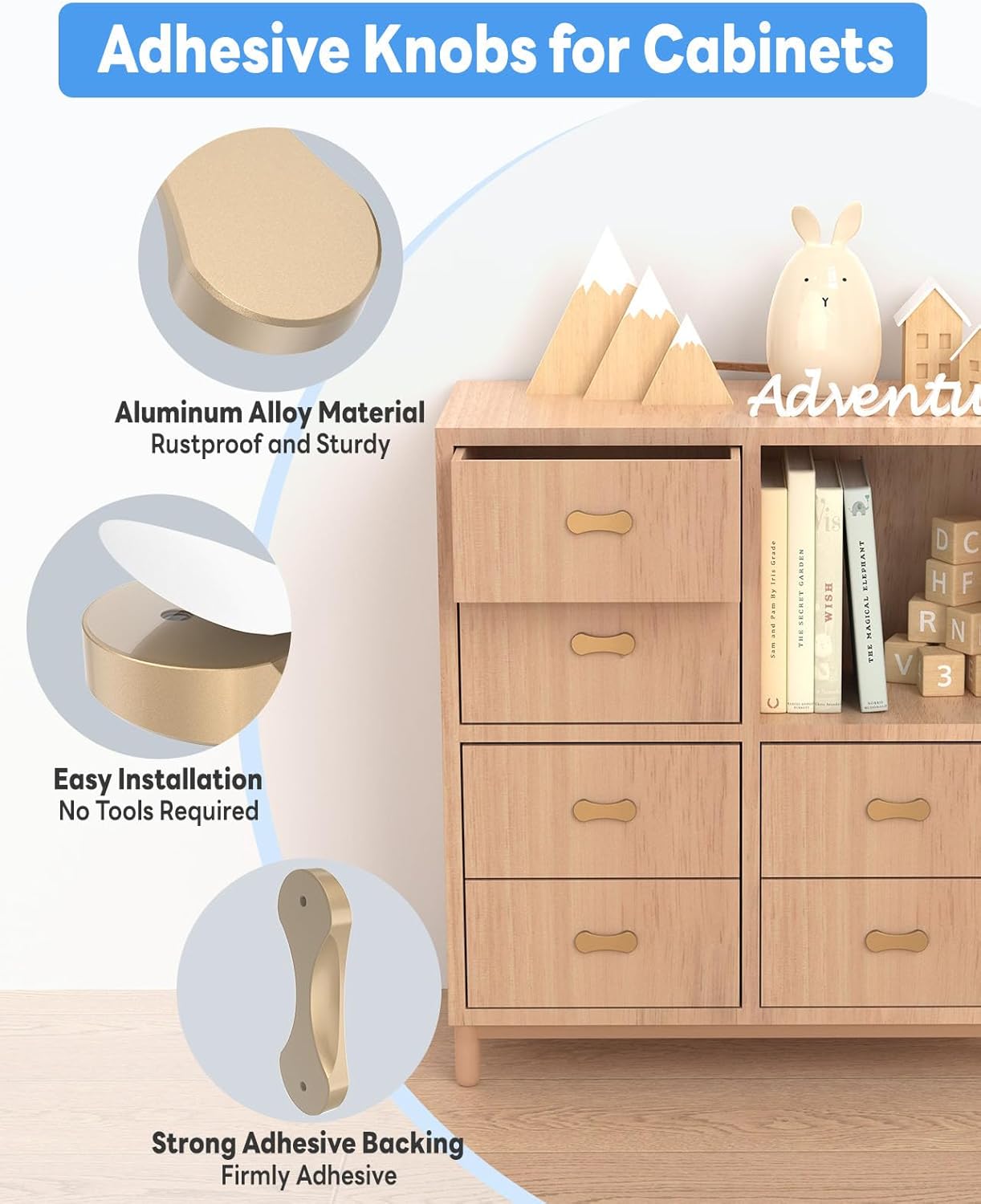 16 Pack Adhesive Cabinet Handles, 3 Inch Self-Stick Knobs, Barn Door & Finger Pulls for Closets, Sliding Shower Glass Doors, Wardrobes, Drawers, Windows (16, Gold)