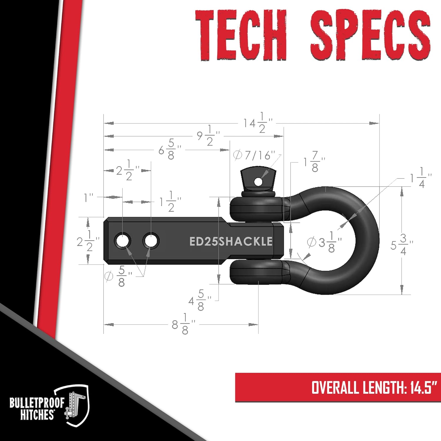 BulletProof Hitches - 2.5" Shackle Hitch Receiver with 36,000 lb. Rating and D-Ring/Clevis - Tow Hitch Shackle for 2.5" Receivers - Extreme Duty, Solid Steel, Black Powder Coat