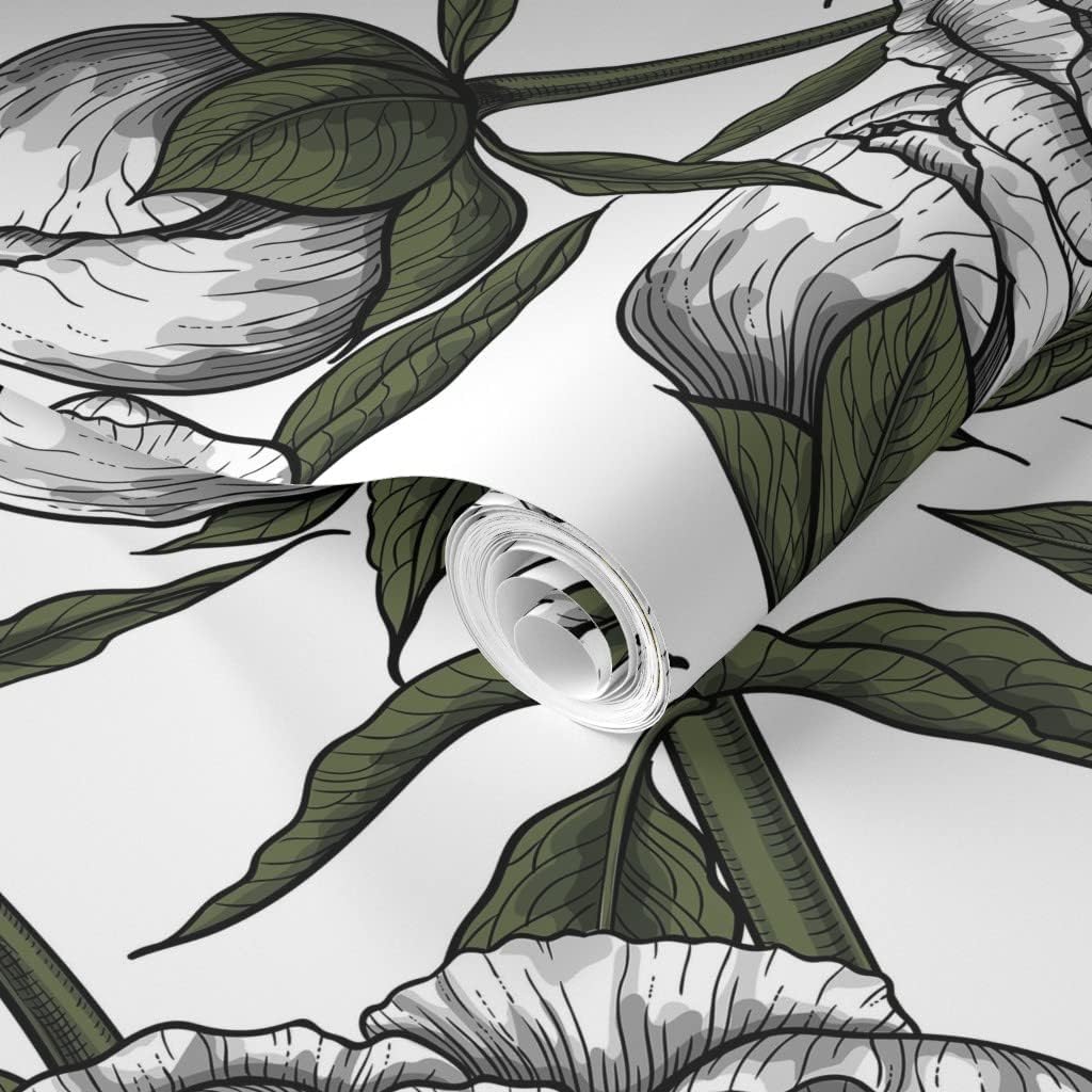 Spoonflower Removable Wallpaper 9ft x 2ft - White Peony Flowers Flower Vintage Floral Nature Pattern Leaf Illustration Custom Pre-Pasted Wallpaper