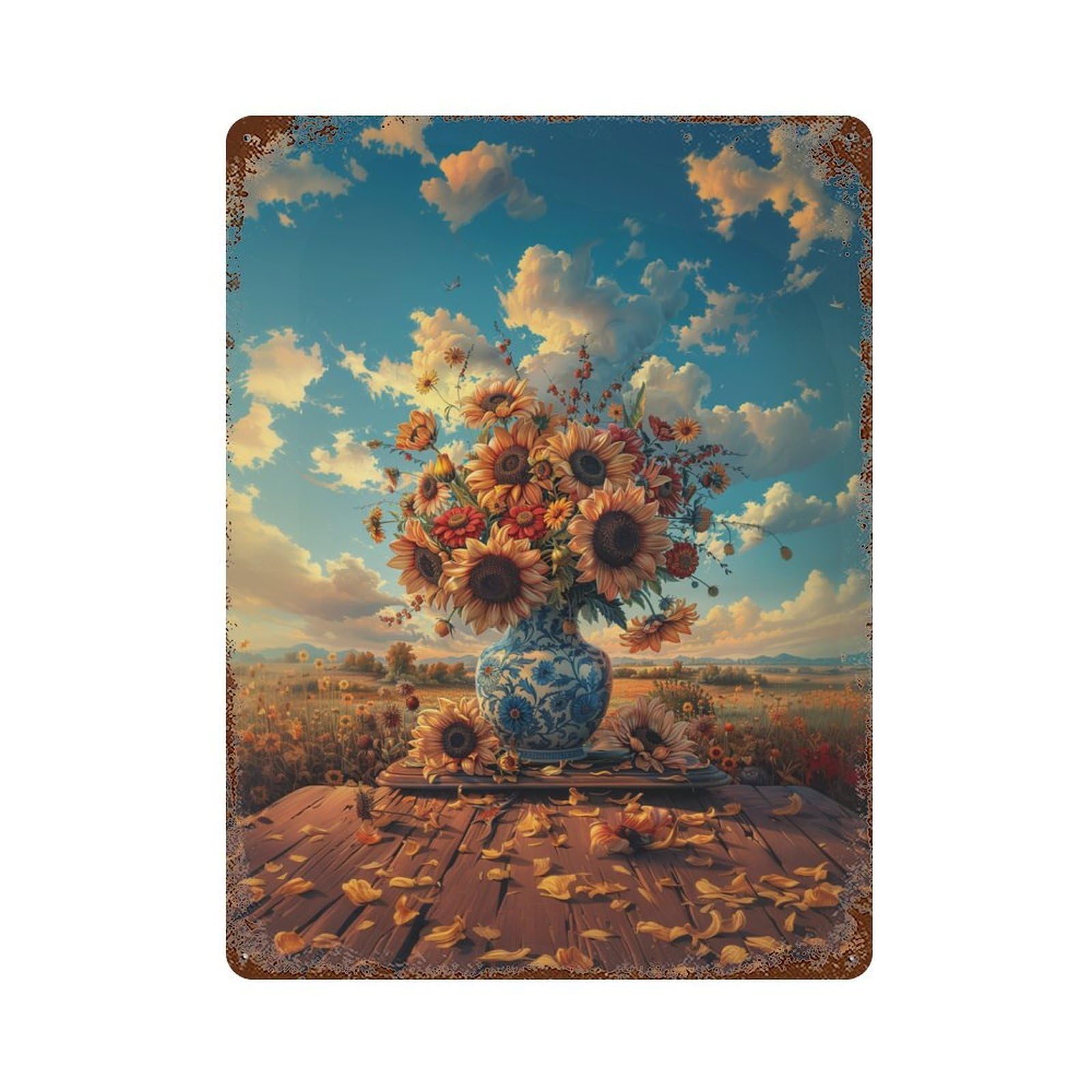 Sunflower Field Vase Scene-1 Weathered Tin Sign 15.7"x11.8", Rustic Home Decor for Garage, Bar And Workshop Decor
