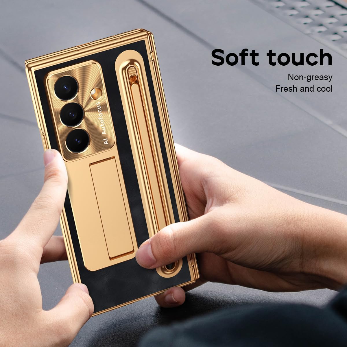 NINKI for Samsung Galaxy Z Trifold Case with S Pen Holder & S Pen, Galaxy Z Trifold Phone Case with Stand & Screen Protector, Plating Leather Hinge Protective Cover for Z Trifold 5G – Gold with Black