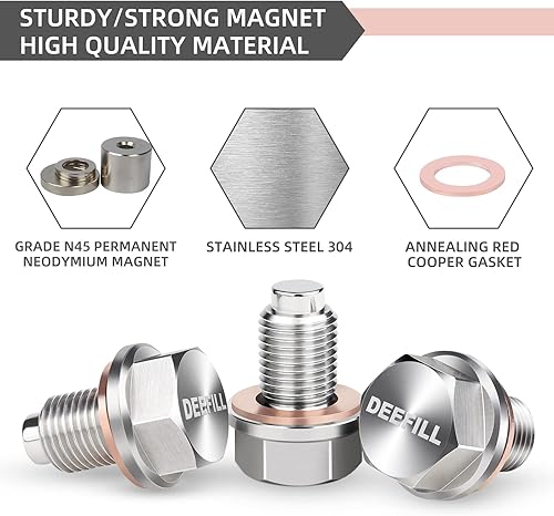Miniatura 6 de DEEFILL Tapón de drenaje de aceite de motor de acero inoxidable M12 x 1.25 con imán de neodimio, repuesto de arandela aplastante de cobre para