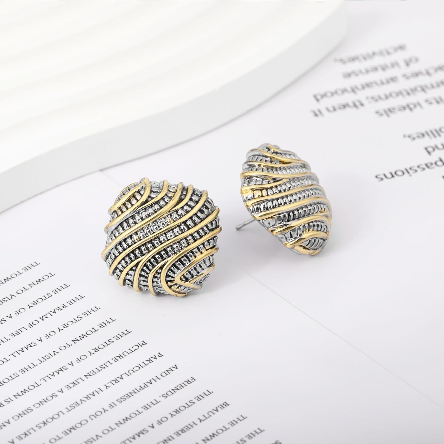 Stud Earrings for Women Vintage Two Tone Square Statement Studs Mixed Metal Earrings Jewelry Gifts - Image 3