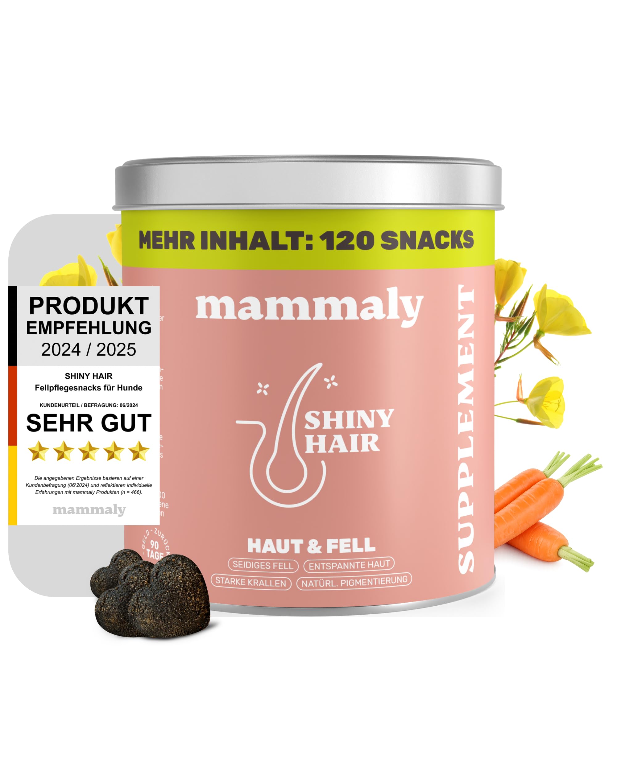 mammaly Fellpflege Leckerlis Hund mit Bierhefe & Biotin 350g - 120x Shiny Hair Snacks gegen Haarausfall & Juckreiz Hunde mit Probiotika - Vitamin Komplex (C, E, D3, Beta-Carotin, Zink)