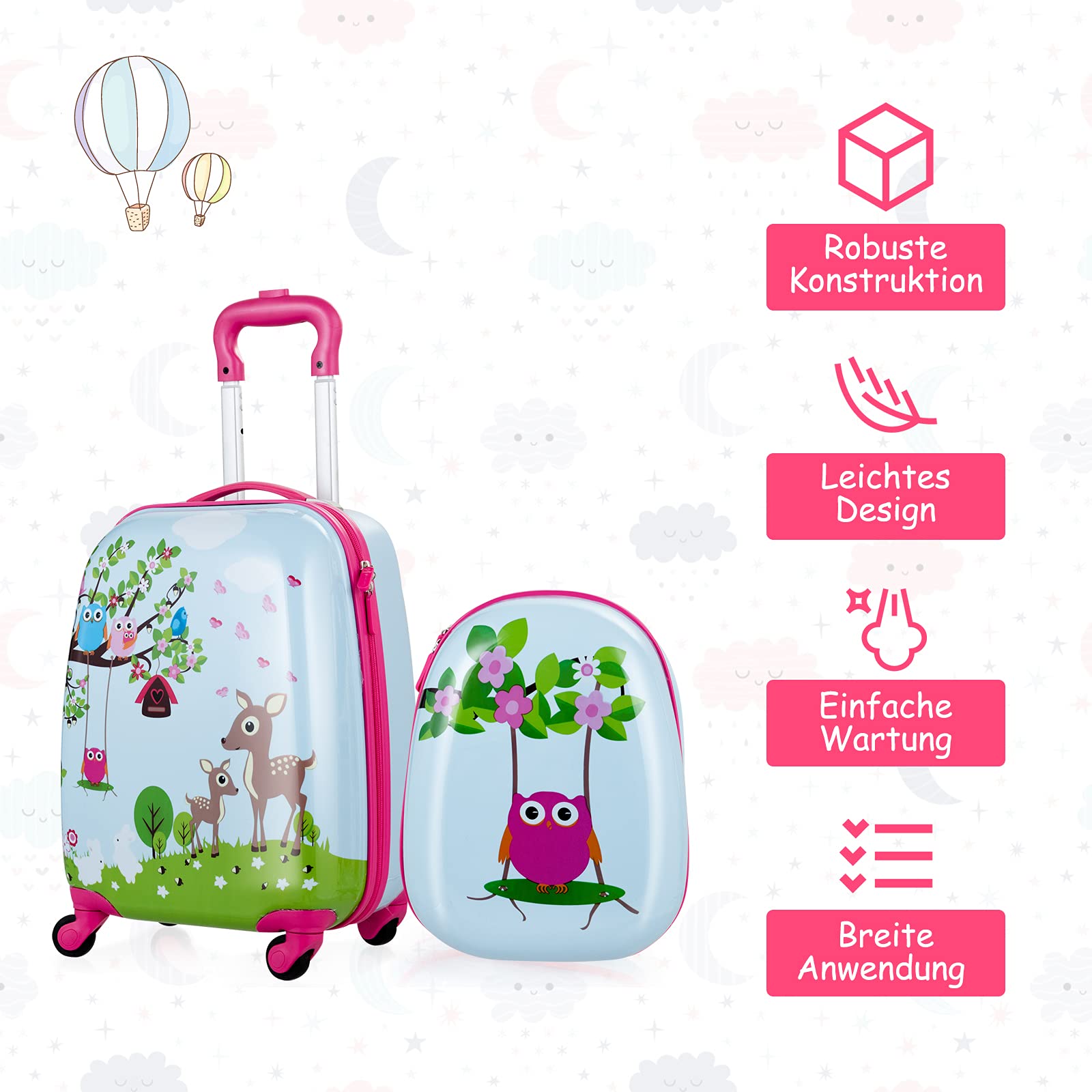 COSTWAY 2tlg Kinderkoffer + Rucksack, Kindertrolley aus Kunststoff, Kindergepäck, Kinder Kofferset Handgepäck Reisegepäck Hartschalenkoffer für Jungen und Mädchen (Eule, 12"+16")