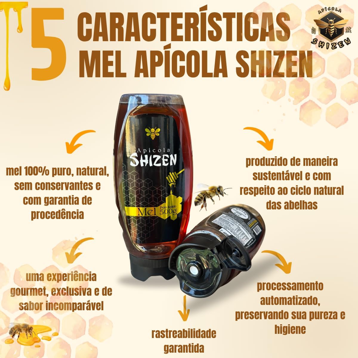 Apícola Shizen | Mel de Abelhas Puro 510g | Embalagem Inteligente com Válvula Corta-Pingo Inovadora Sem Desperdício 100% Natural Sabor Autêntico e Qualidade Premium Produção Sustentável Direto da Natureza