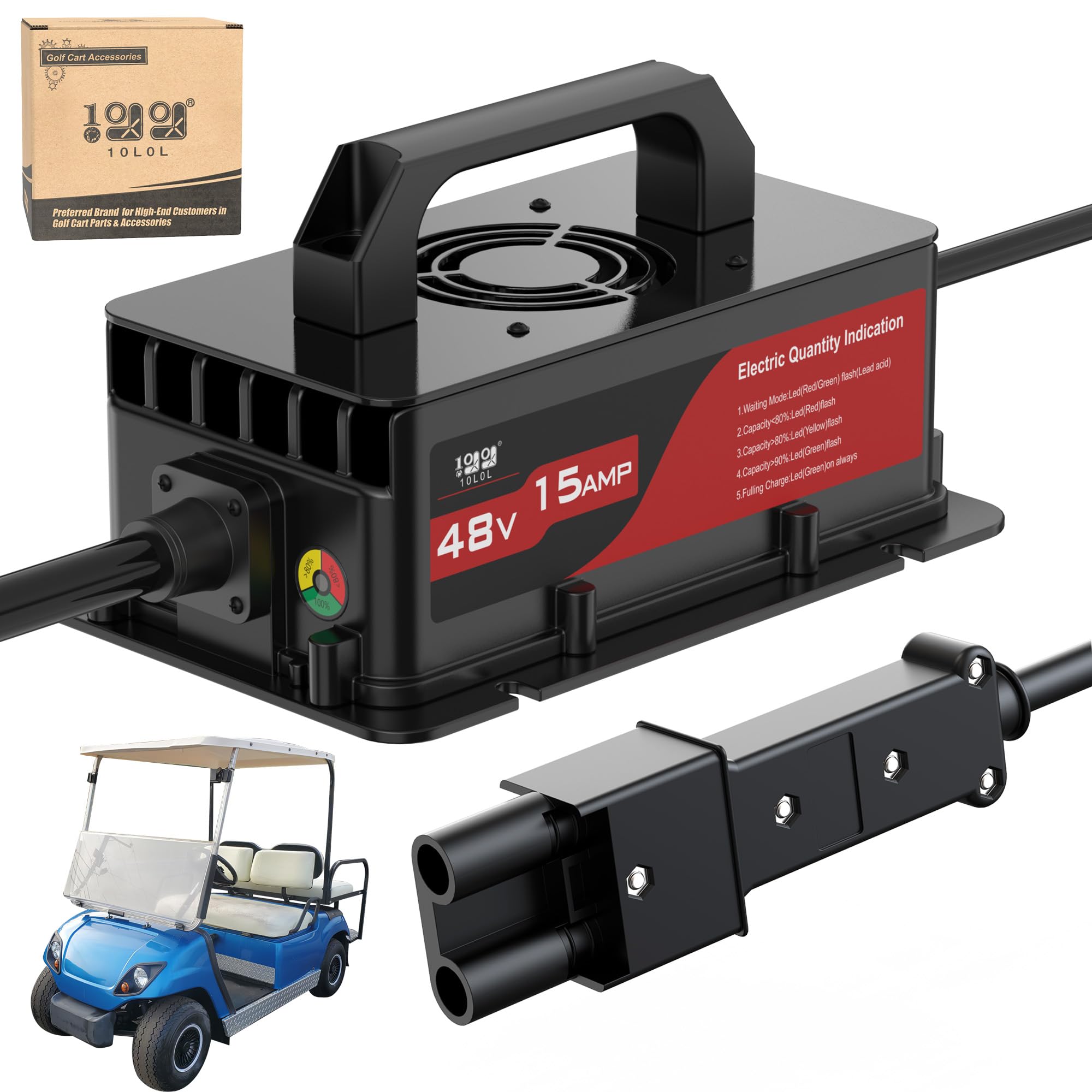 10L0L 15 Amp 48 Volt Golf Cart Battery Charger for Yamaha G19/G22 (1996-2002/2003-2007) Carts 16 FT Cord with Trickle Charge, IP67 Waterproof 2-pin