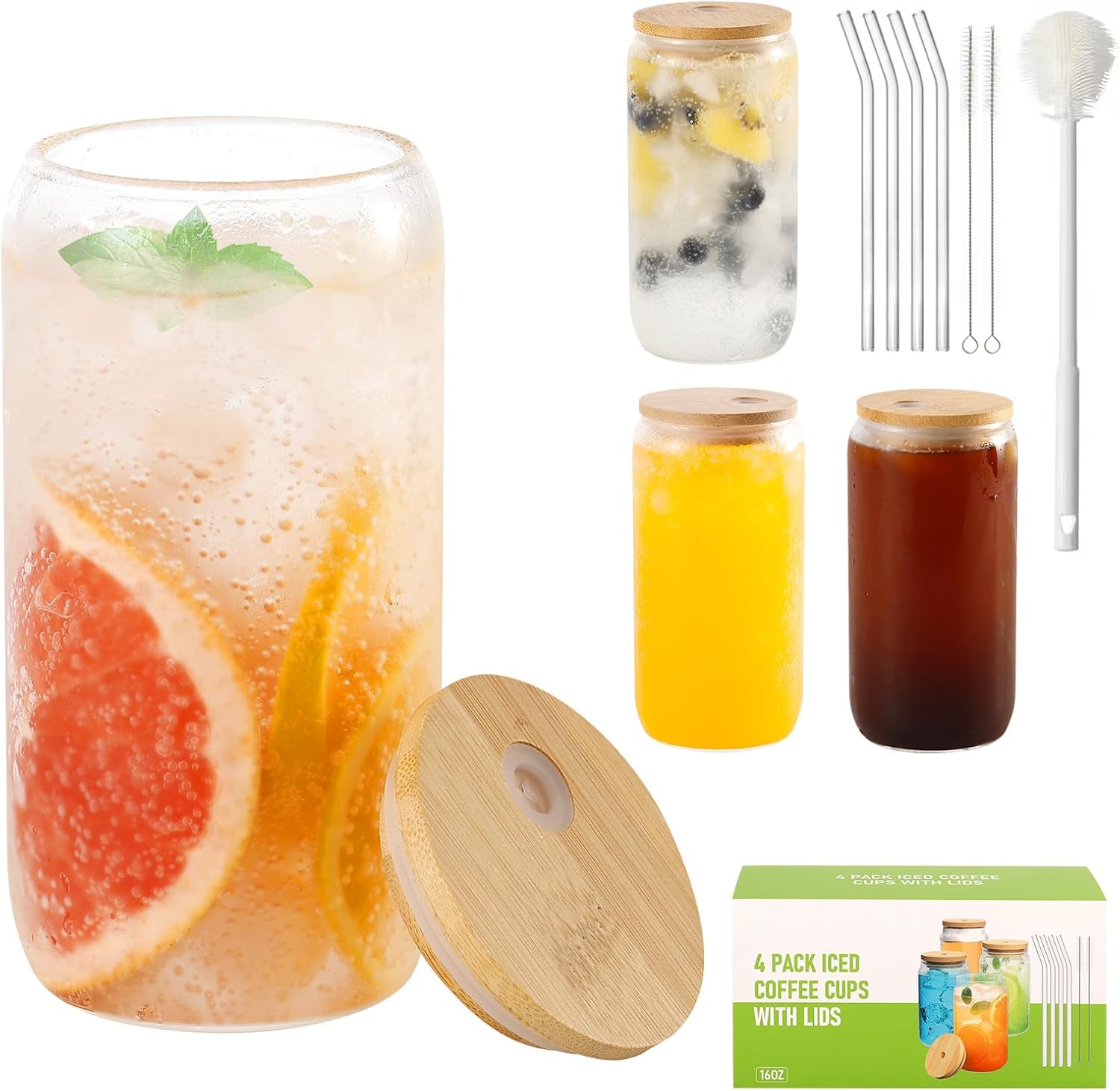 Drinking Glasses with Bamboo Lids and Straws - 4 Pack Empty 16oz Can Shaped Glass Cups with Glass Straws & Straw Cleaning Brush-Beer Glasses, Iced Coffee Glasses, Cute Tea Cup, Cocktail, Fresh Juice