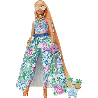 barbie extra fancy curvy long strawberry blonde hair two-piece outfit blue cat pink handbag pineapple sunglasses including doll suitable as a gifthhn14