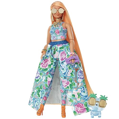 Muñeca Barbie Extra Fancy Fashion con Accesorios de Forma Curva y Cabello Naranja con Vestido Floral de 2 Piezas con Gatito Mascota
