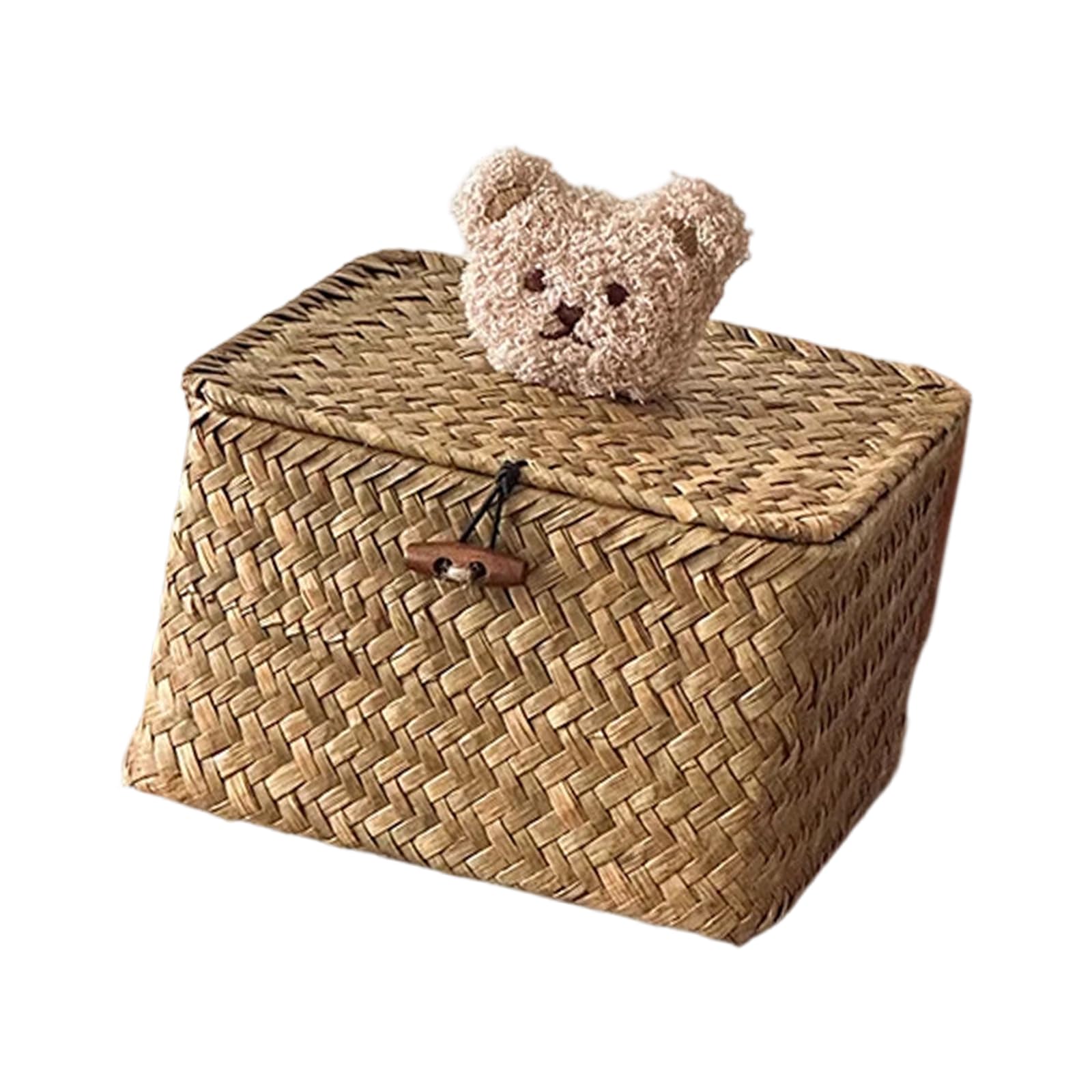 Zxfdsfdbnm Woven Seagrasses Basket with Dustproof Cover and Lovely Bear Ornament Natural Woven Storage Box Storage Basket Square