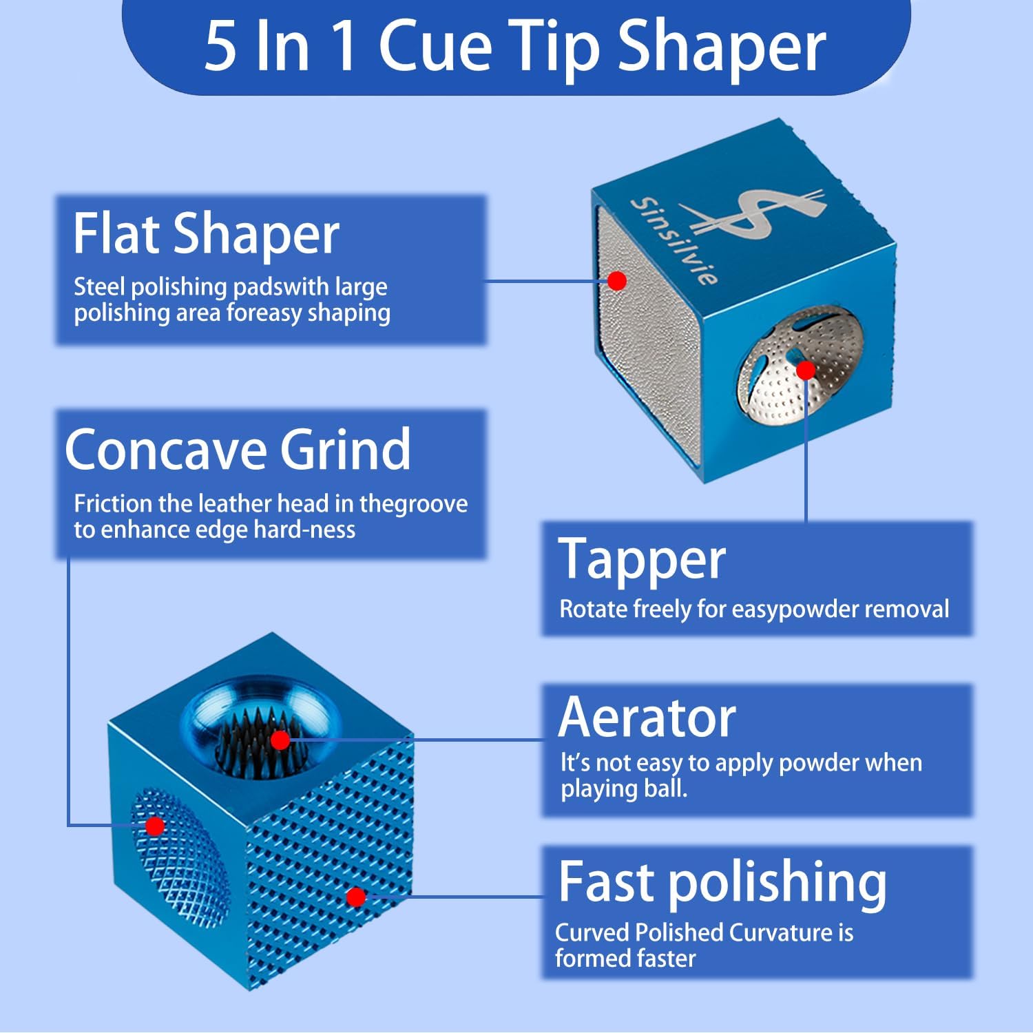 Pool Cue Tip Shaper 5 in 1 Cue Tip Tool, 5 in 1 Billiard Pool Cue Tip Repair Tool,Cue Accessories,Blue & Black & Red & Gray