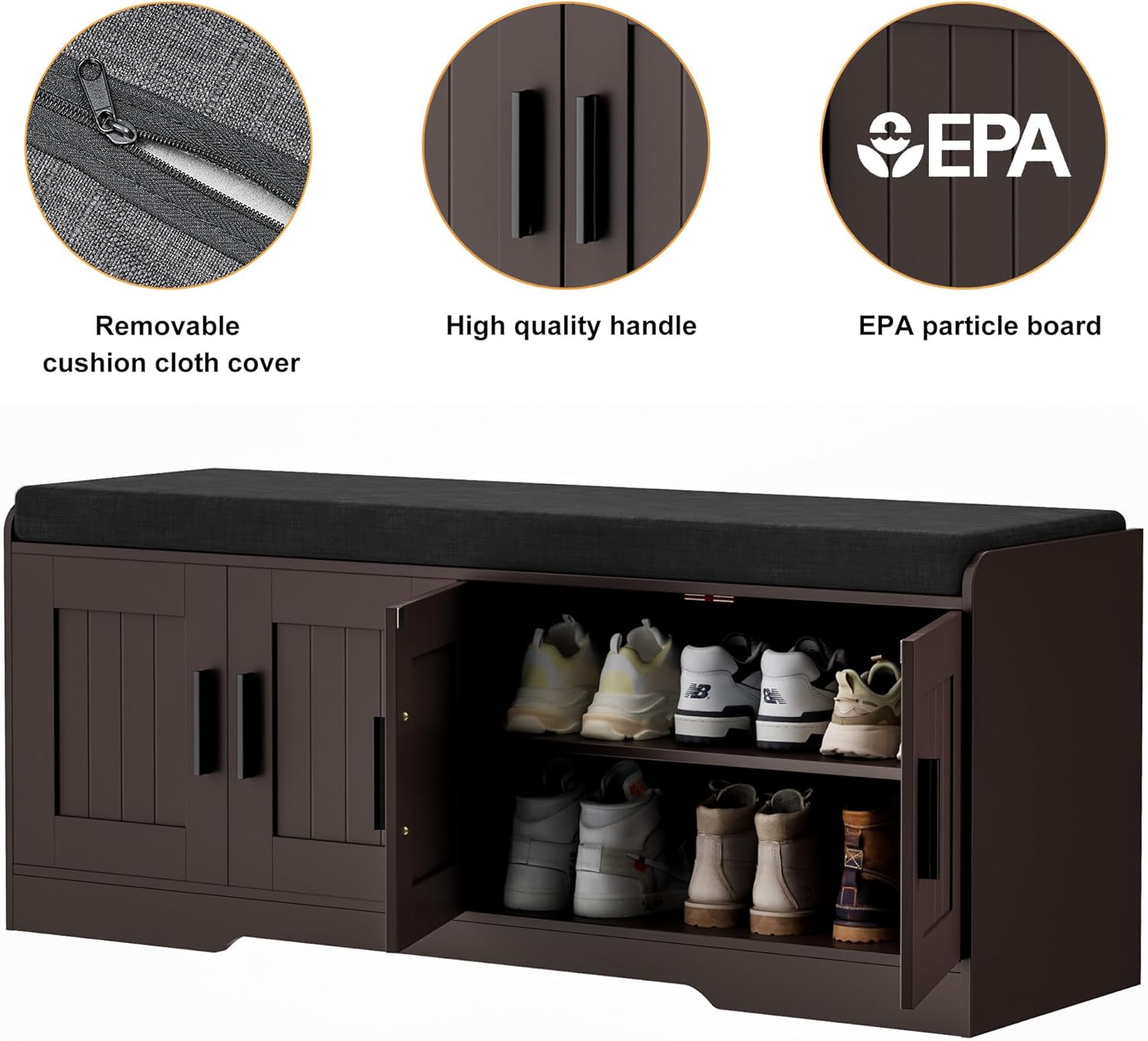 2-Tier Storage Bench, Shoe Bench with Thickened Padded Seat Cushion, Entryway Bench with 4 Doors, Adjustable Shelf, 13.8" D x 45.3" W x 18.5" H, for Entryway, Living Room, Bedroom, Brown