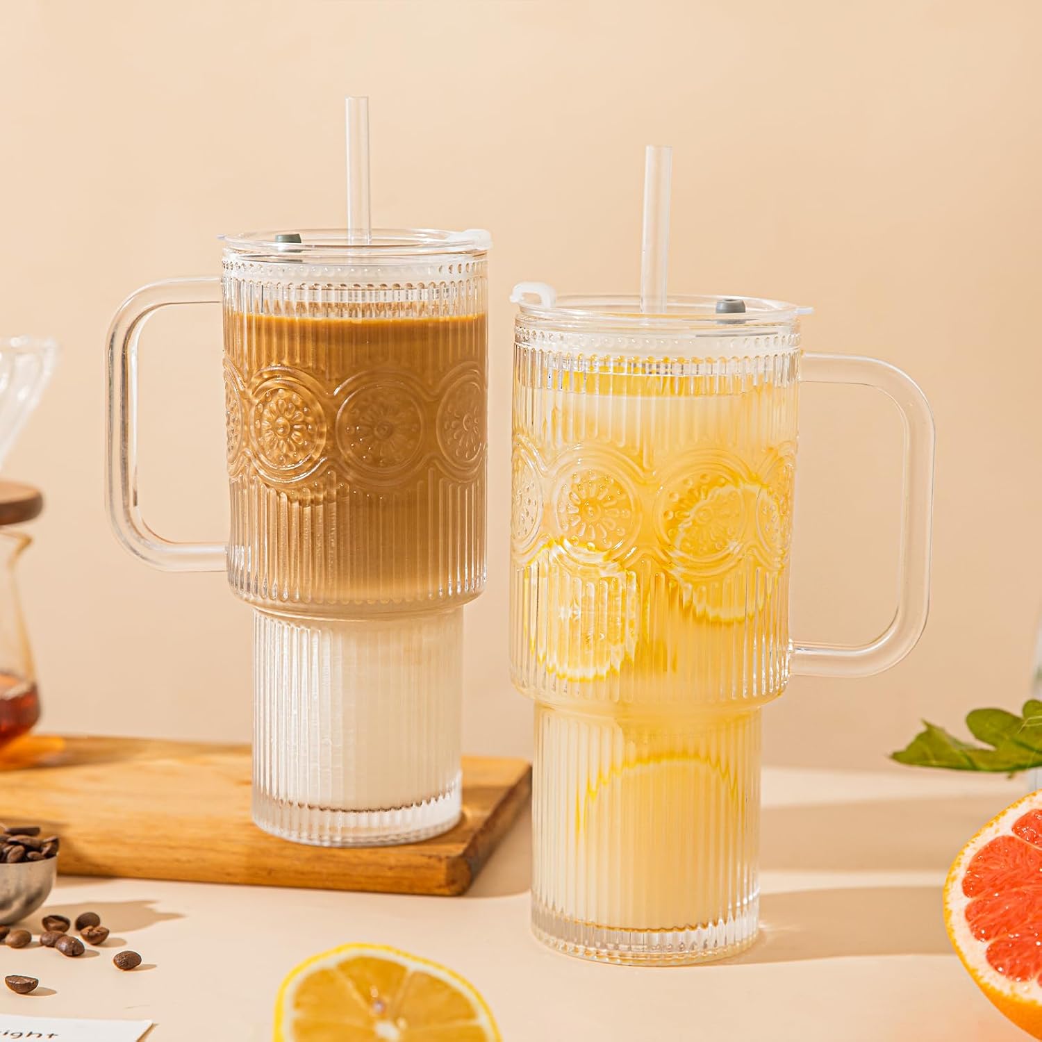 26oz Ribbed & Floral Glass Tumbler with Handle, Reusable Iced Coffee Tumbler with Lid & Straw for Hot & Cold Drinks – Perfect for Coffee, Smoothies, Matcha, Whiskey (Set of 1) - Image 7