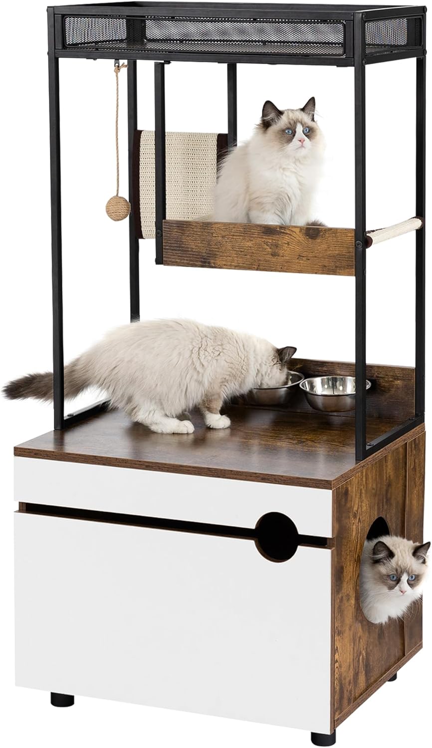 Koifuxii Cat Litter Box Furniture with Shelves and Food