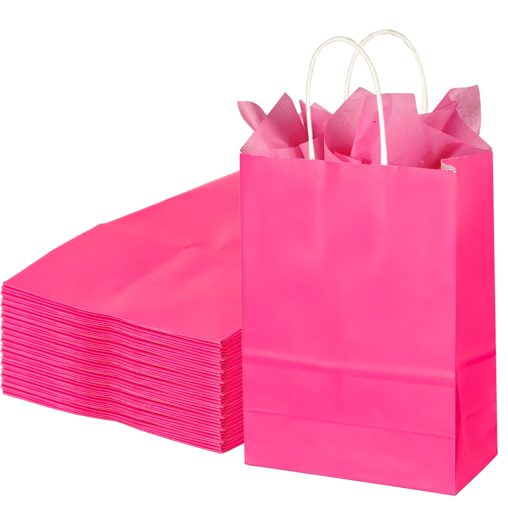32Pcs Small Gift Bags with 32 Tissues, Hot Pink Party Bags with Handles, Paper Bag for Birthday, Shopping, Party Supplies, 22 x 16 x 8cm