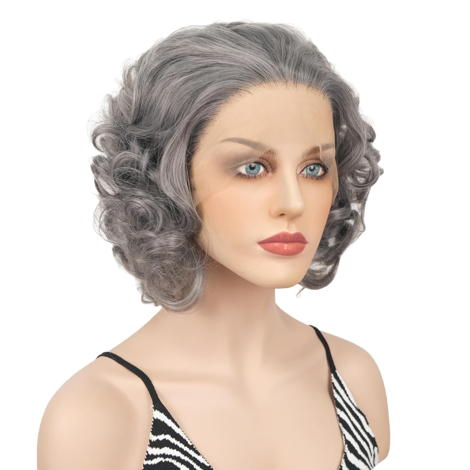Wiginway Grey Adults Old Lady Wig, 13x3 Lace Front Curly Wigs, Granny Hair, Cosplay Party Wig 12 inch, Grey
