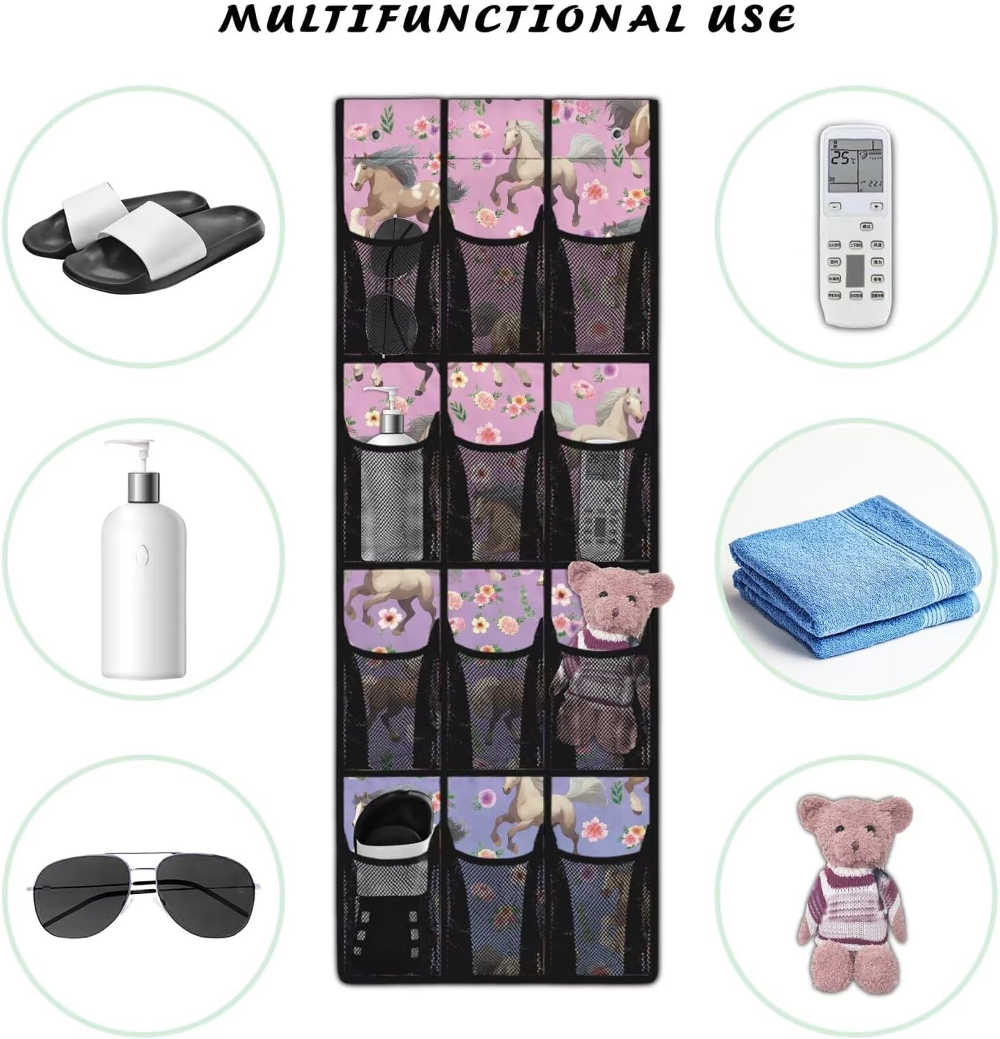 Flower Horse Over Door Organizer, 12 Compartment Breathable Mesh Hanging Shoe Rack, Waterproof Durable Door Hanger for Bedroom Closet & Dorm Room Storage