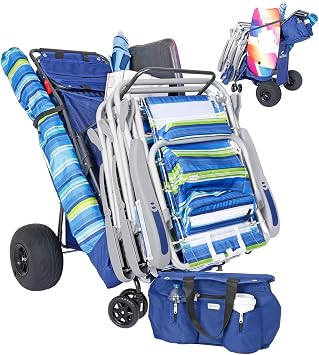 Ultimate Beach Cart with Balloon Wheels for Sand Buggy Wagon with Big Wheels, Insulated Cooler Bag, Boogie Board & Umbrella Holder, 100 lbs Load Capacity