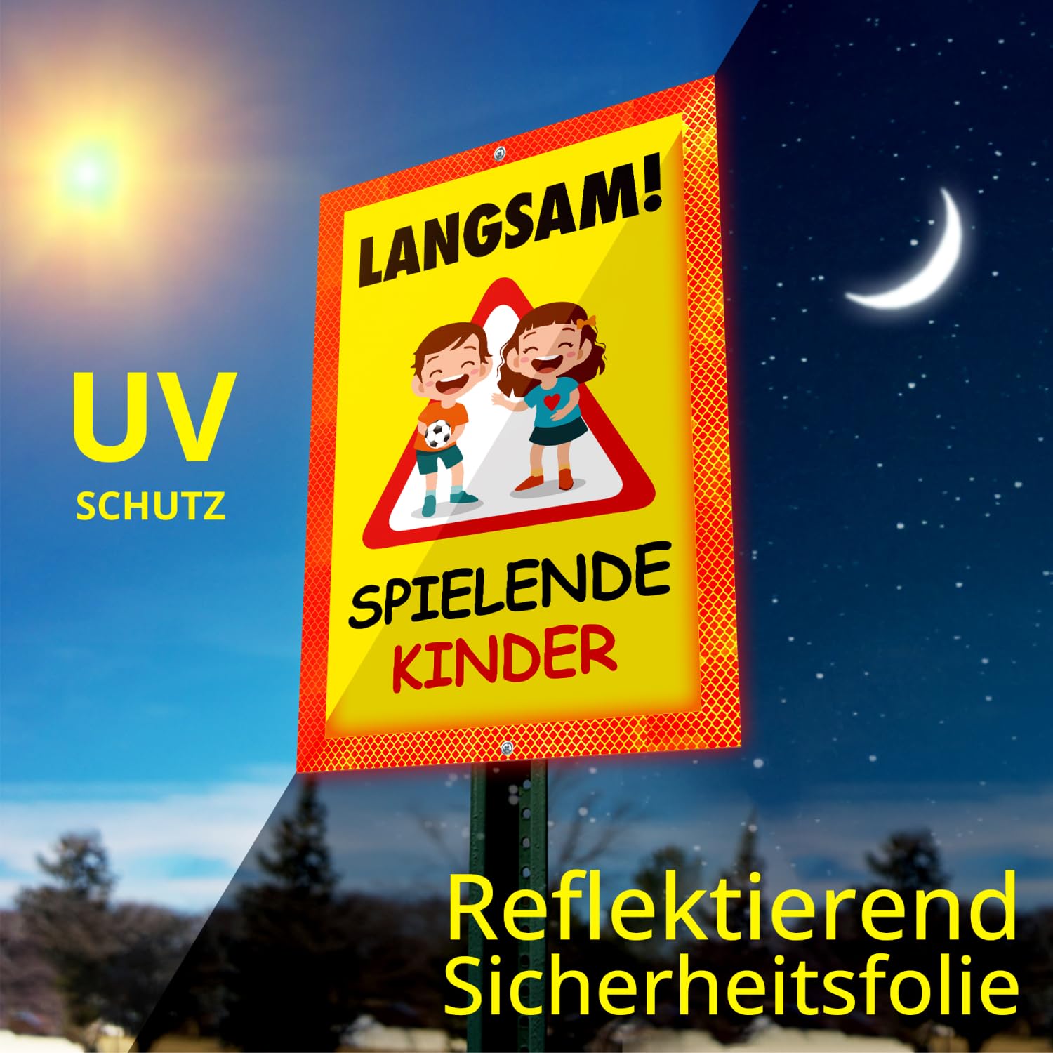Sachverständigen-Zubehör® Achtung Kinder Sicherheit Schild XXL aus Metall [3 mm] mit Reflektoren [reflektierend leuchtend] Verkehrsschild Warnschild 60 x 40 cm Pylonen Warn Aufsteller Spielstrasse