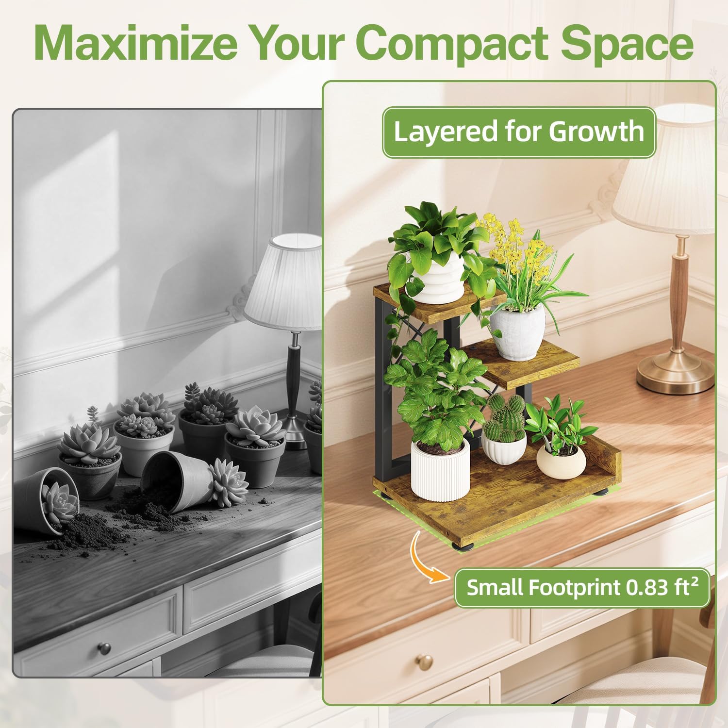 iDavosic.ly Small Table Top Plant Stand, 3 Tier Succulent & Flower Pot Holder for Desktop, Space-Saving Countertop Organizer Shelf for Office and Home Decor, Black Brown