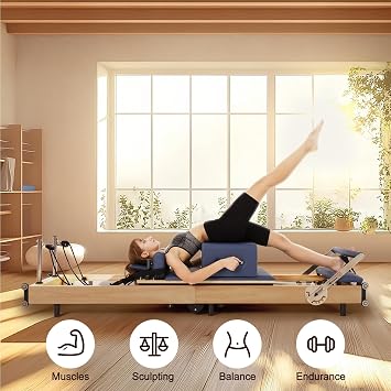 Pilates Reformer, Foldable Reformer Pilates Machine, Wooden Pilates Equipment for Home Gym Women Men Workouts Bundle, Dual Resistance System (Springs + Latex), Jumpboard & Adjustable Foot