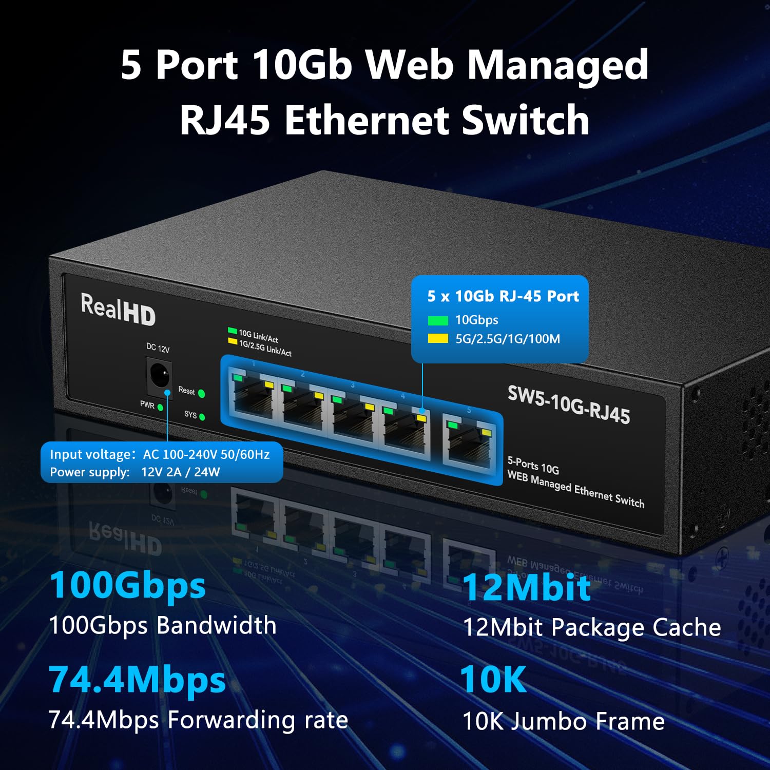 5-portowy przełącznik sieciowy Ethernet 10 GB RJ45, 5 x 10 Gigabit Base-T, obsługa wielu gigabitów Swicth 10 Gb/s, obsługa Swicth 5G-2,5G-1G-100M, 19-calowy montaż w szafie, przepustowość 100G