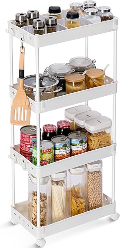 TOOLF Carrito utilitario de 4 niveles con ruedas, carrito de almacenamiento rodante con divisor ajustable y ganchos, organizador de carrito para