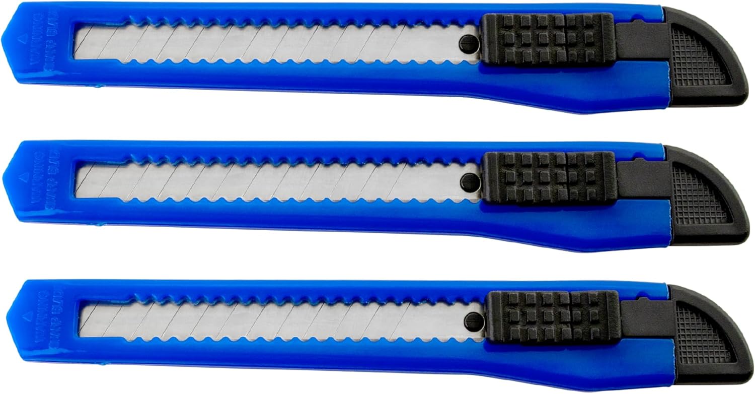 3 Blue Utility Knife Box Cutters Heavy Duty Industrial Strength