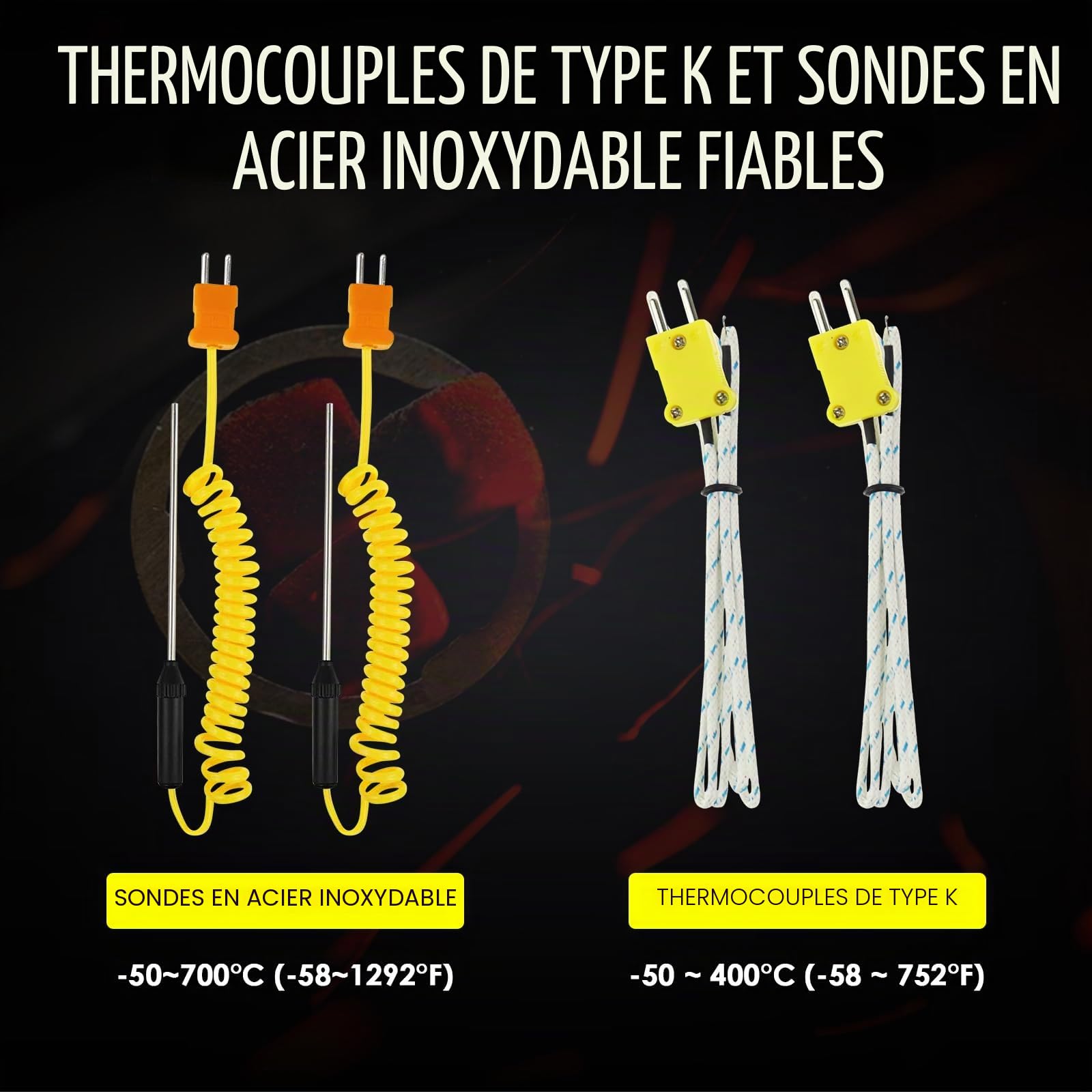 Thermomètre thermocouple numérique K de haute précision (-50 ~ 1300 °C) 2 canaux 4 sondes fil/acier inoxydable Testeur de température Kelvin portable