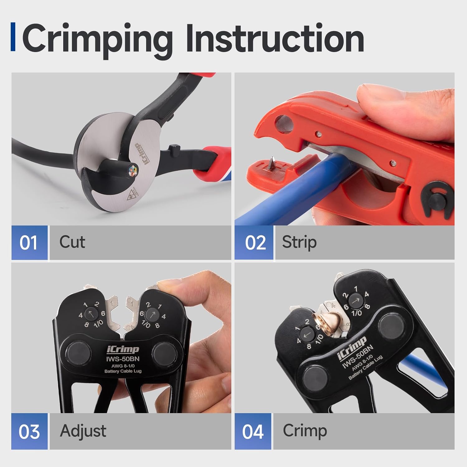 iCrimp Battery Cable Lug Crimping Tool Kit for 8-1/0 AWG - 63pcs Copper Lugs & 25pcs Heat Shrink Tubes, Wire Cutter & Stripper