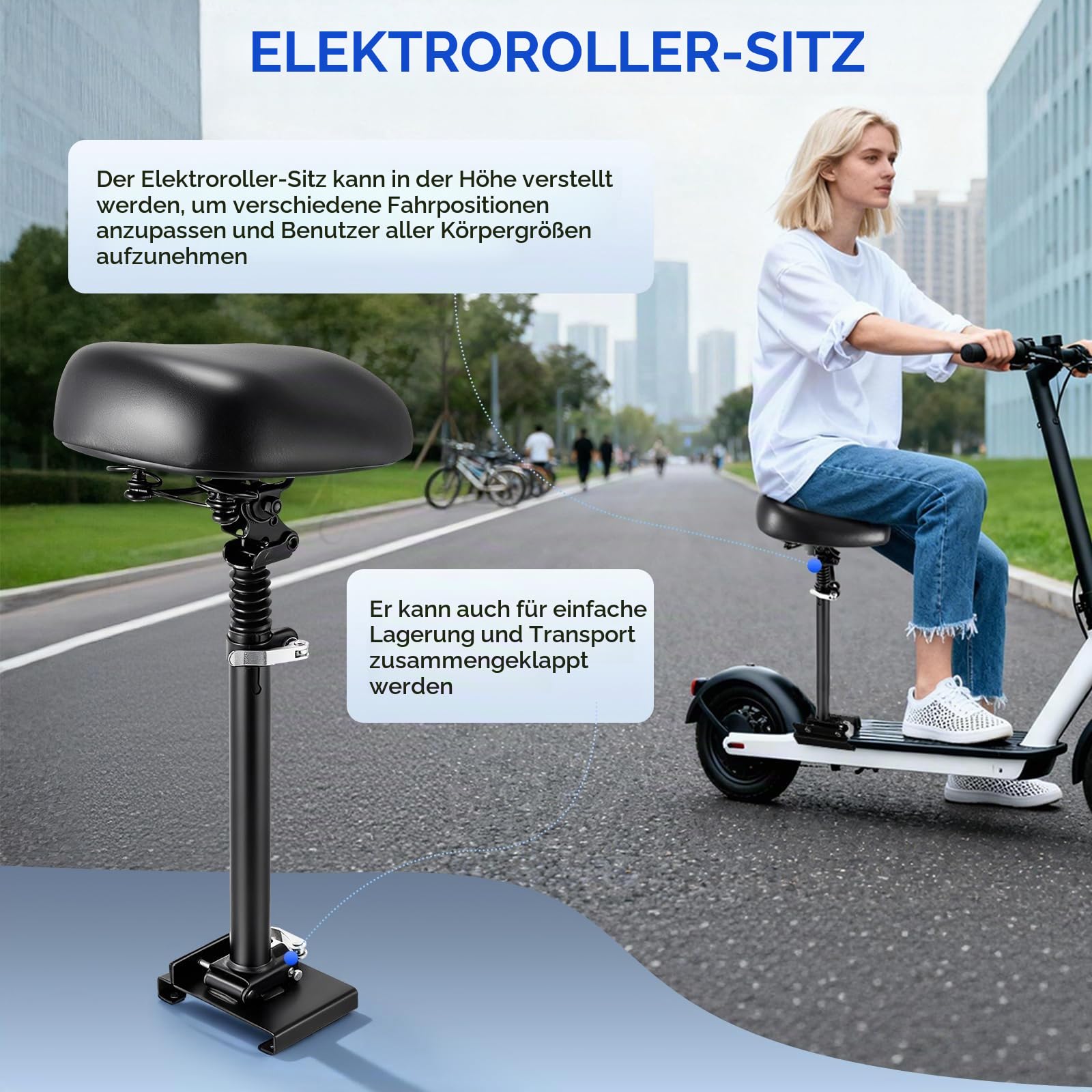Elektro Scooter Sitz für 13cm-16cm, Elektrorollersitz für Erwachsene Geschwungenen Rändern Fußbretter 55-68cm Höhenverstellbar Faltbar, Erwachsenenroller e Roller Sitz Zubehör