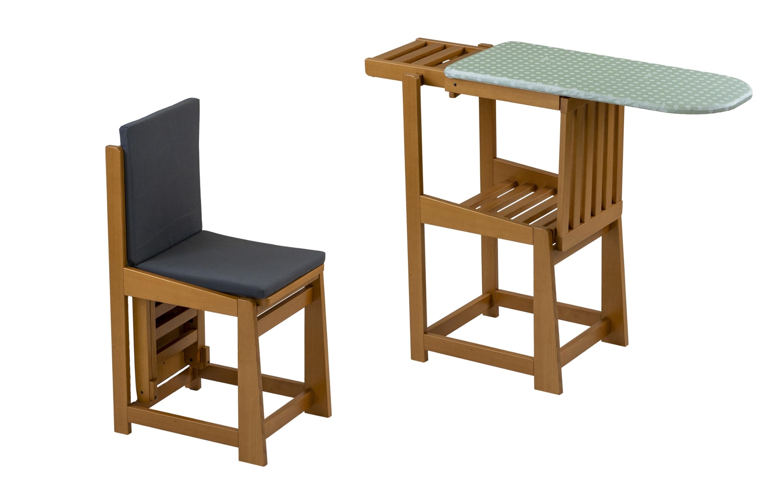 Asse da stiro - sedia SINFONIA, asse da stiro trasformabile con piano di lavoro 81 x 35 cm e portaferro, seduta 40x35 cm, cuscino con schienale incluso, Colore Ciliegio
