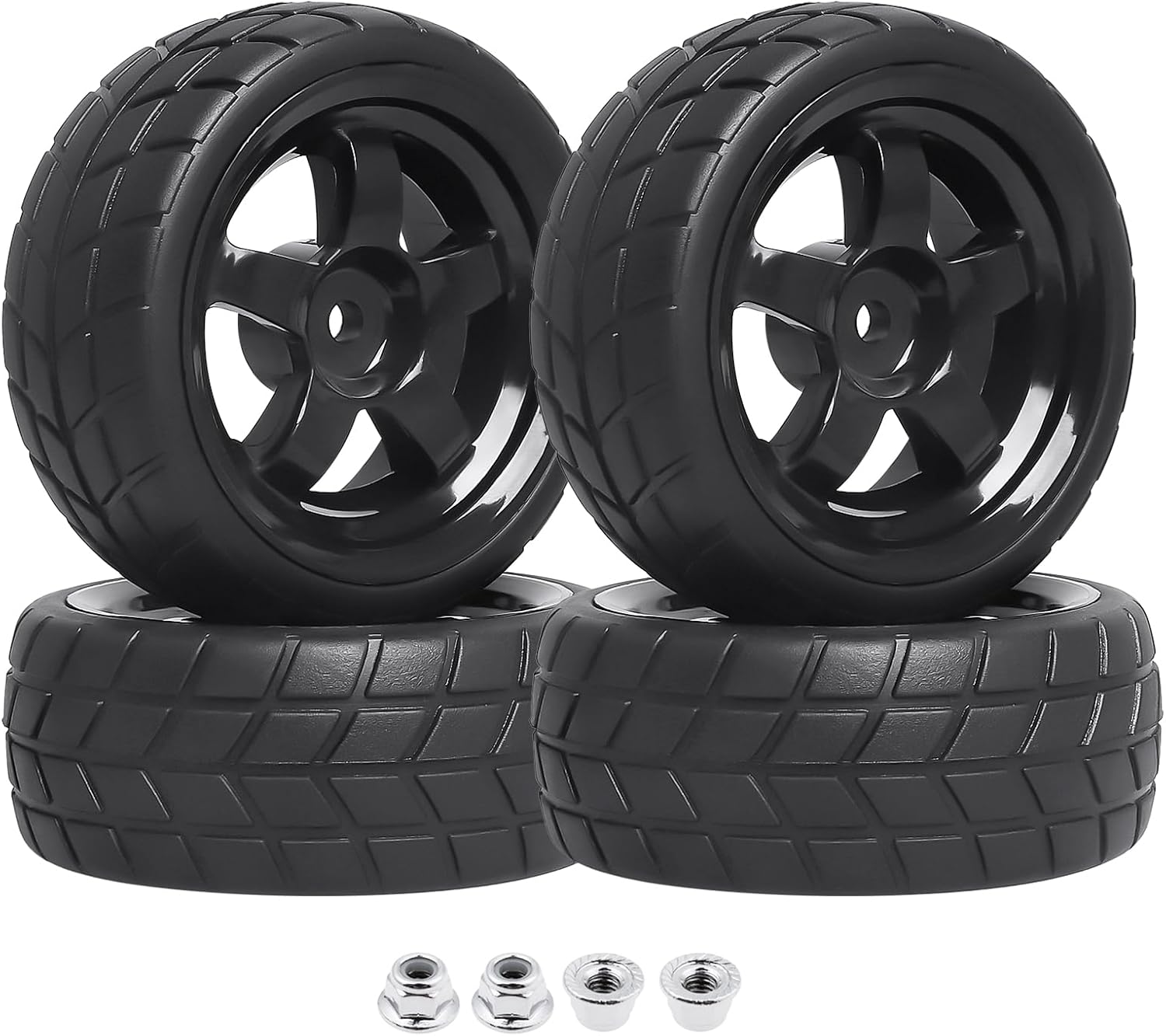 Pre-Glued OD 2.55" 12mm Hex Wheels Rims and Rubber Tires for Traxxas Tamiya HPI HSP Redcat RC 1/10 On Road Racing Car, Set of 4 (Color E)