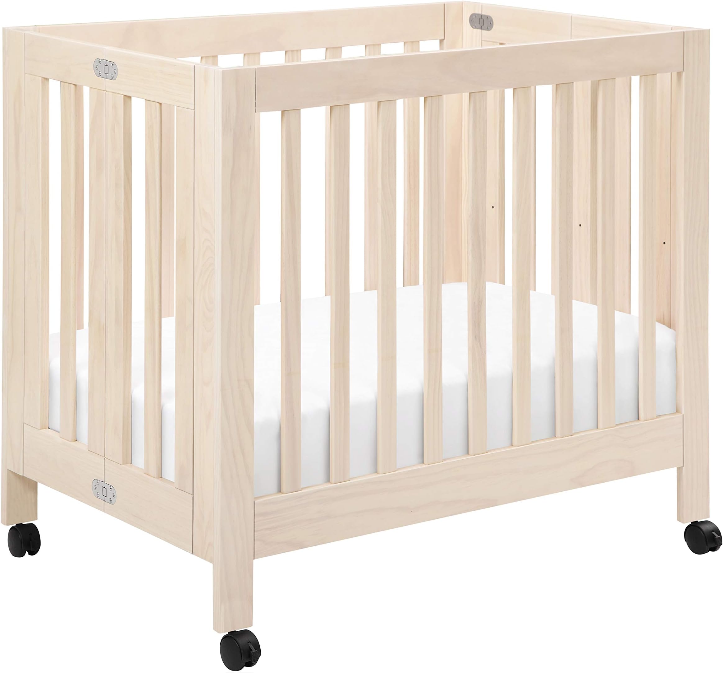 Origami Mini Portable Crib Folding with Wheels in Washed Natural, 2 Adjustable Mattress Positions, Greenguard Gold Certified