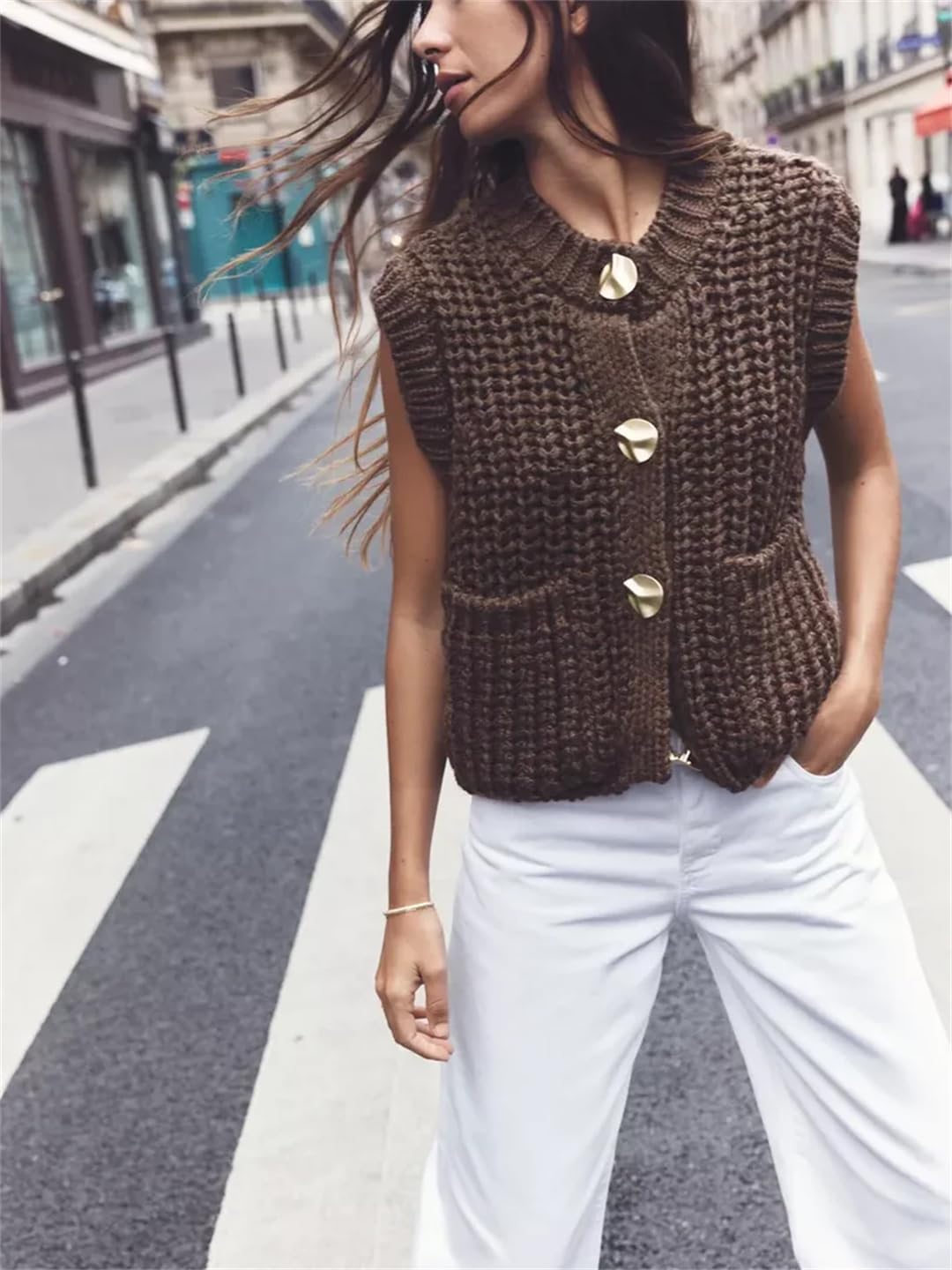 Women Crop Sweater Vest Solid Loose Casual Sweater Vests Button Brown Cabled Knitted Sweater Vest