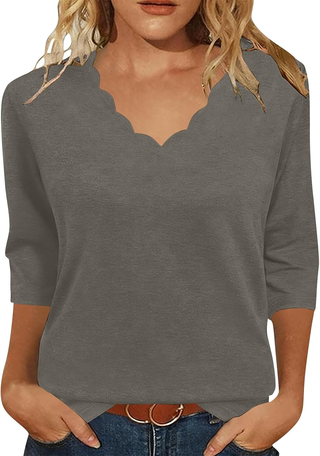3/4 Length Sleeve Shirts for Womens Dressy Casual Scalloped Trim V Neck Tunic Soft Basic Tees Business Work Blouses