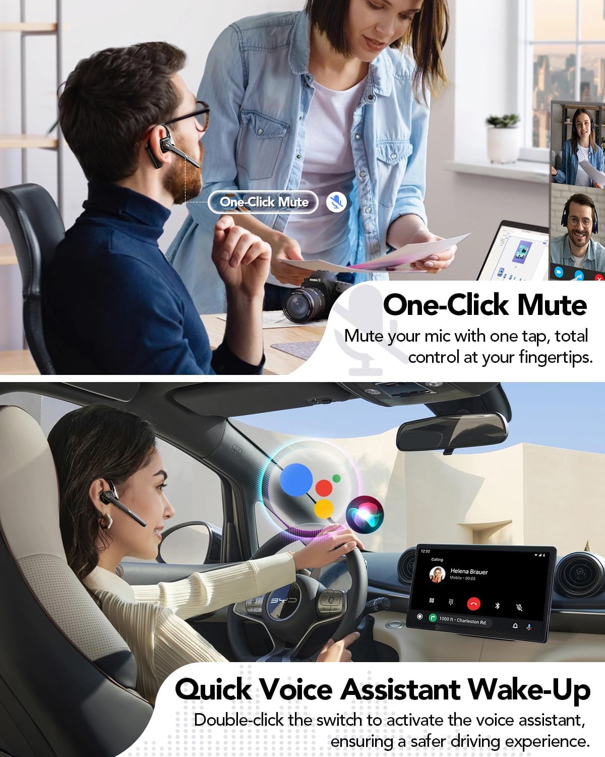 Bluetooth Headset V6.0, Open Ear Wireless Earpiece with Noise Canceling Mic, 96H Talking Time with the 950 mAh Charging Case for iOS Android Laptop, Headphones with Mute Button for Trucker Work