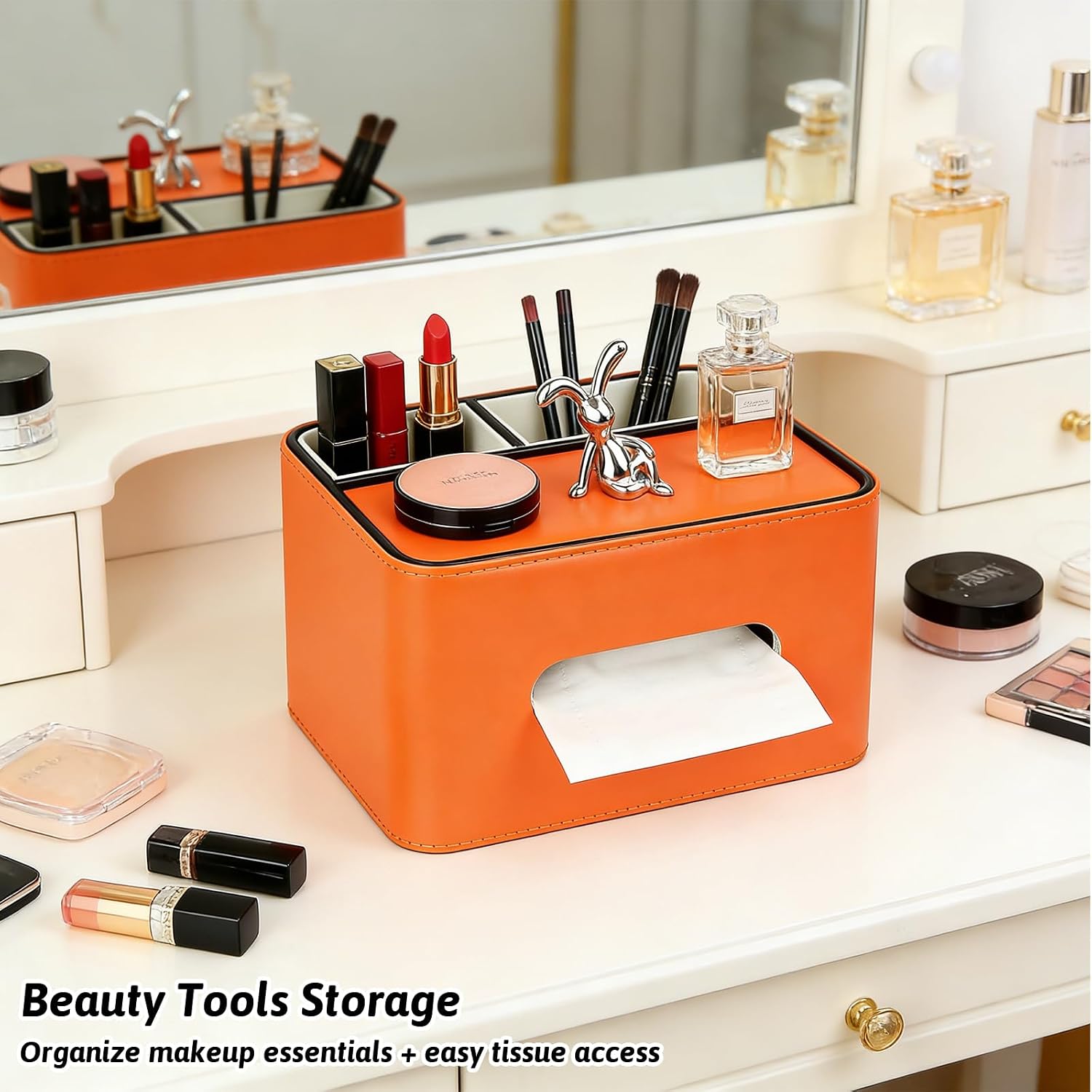 PU Leather Tissue Box Cover Square, Multifunctional Holder with Storage