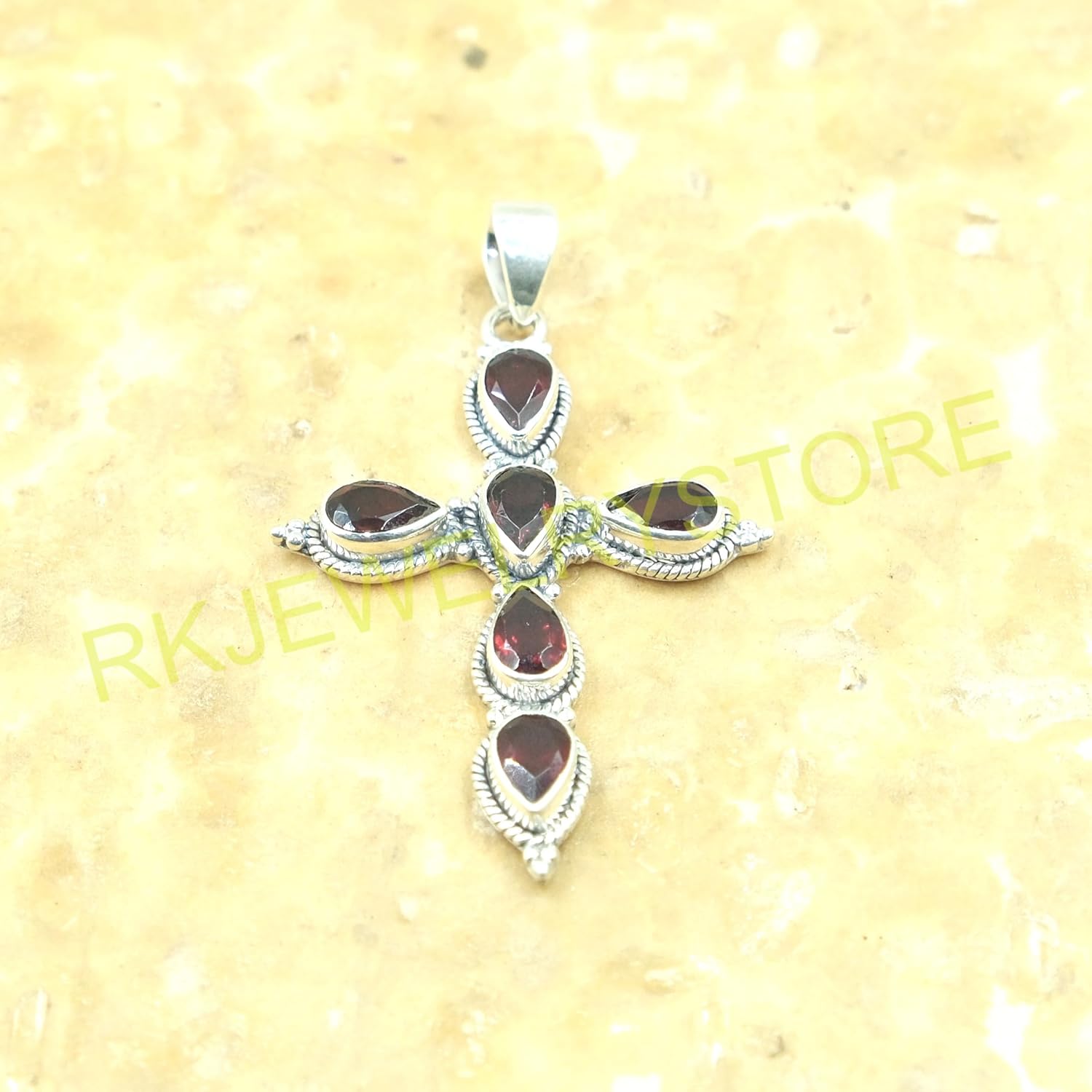 Natural Red Garnet Cross Pendant Pure 925 Sterling Silver Handmade Statement Pendant Garnet Gift Jewelry for Girlfriend Women